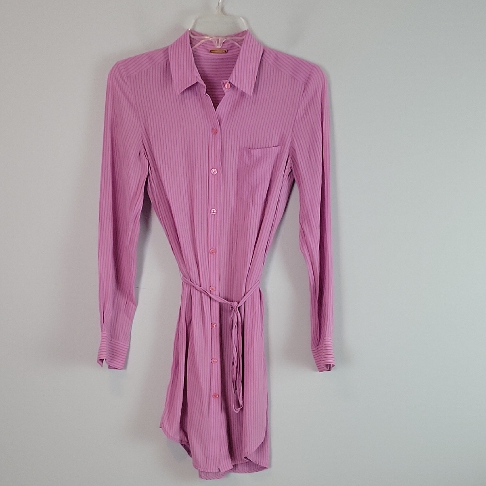 Rebecca Minkoff Silk Pink Stripe button front belted shirt dress